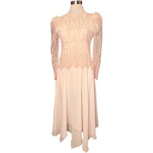 Vintage Bari Portas Cachet Pink Lace Asymmetrical Handkerchief Hem Event Dress